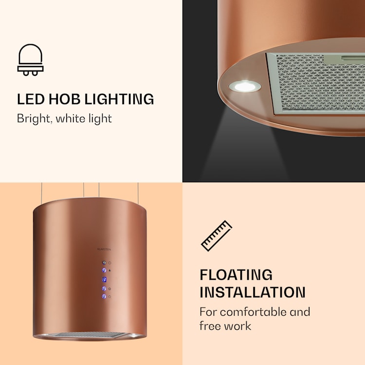 Barett island hood Ø35cm recirculation 558 m³/h LED activated charcoal filter Copper