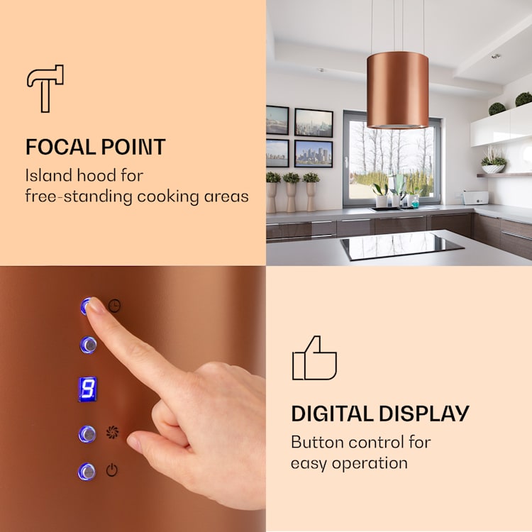 Barett island hood Ø35cm recirculation 558 m³/h LED activated charcoal filter Copper