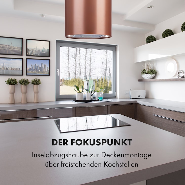 Beretta Inselabzugshaube Ø 35 cm Ab-/Umluft 650m³/h LED Aktivkohlefilter Kupfer