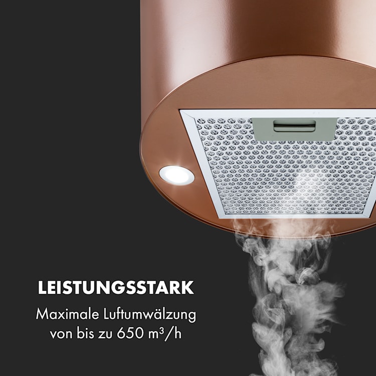 Beretta Inselabzugshaube Ø 35 cm Ab-/Umluft 650m³/h LED Aktivkohlefilter Kupfer