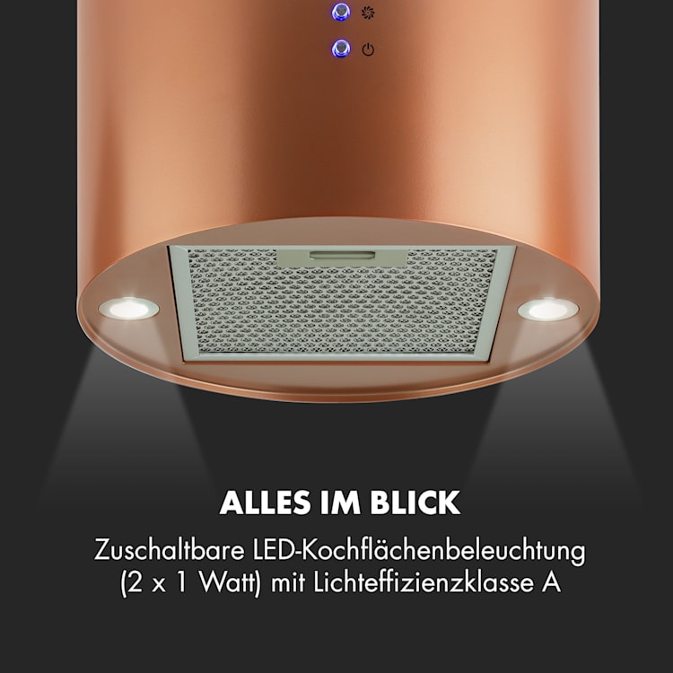 Beretta Inselabzugshaube Ø 35 cm Ab-/Umluft 650m³/h LED Aktivkohlefilter Kupfer