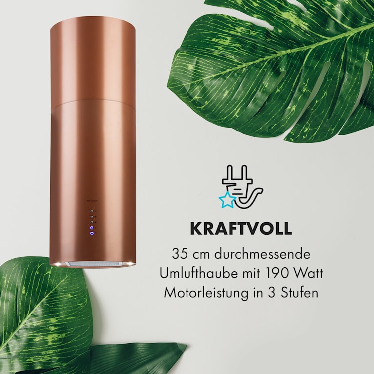 Beretta Inselabzugshaube Ø 35 cm Ab-/Umluft 650m³/h LED Aktivkohlefilter Kupfer