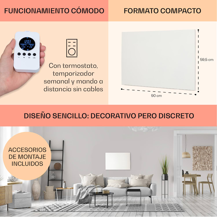 Klarstein Wonderwall Air Infinite Panel calefactor infrarrojo 90x60cm 580W Pared Mando a distancia Blanco 90 x 60 cm / 580 W