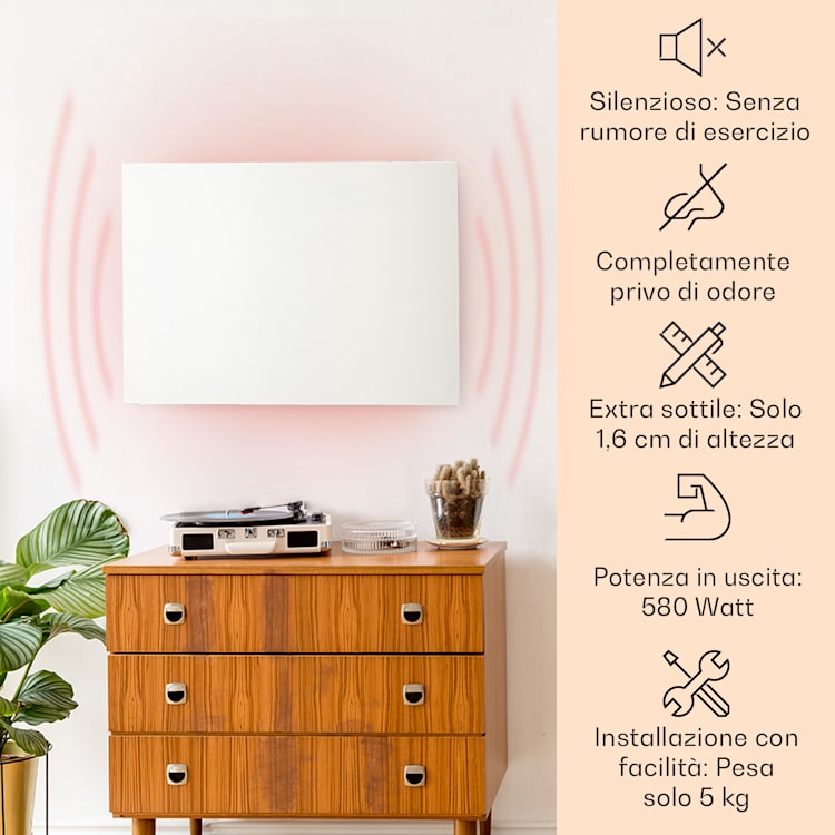 Klarstein Wonderwall Air Infinite, radiatore a infrarossi, 90x60cm, 580W, parete, FB bianco 90 x 60 cm / 580 watts