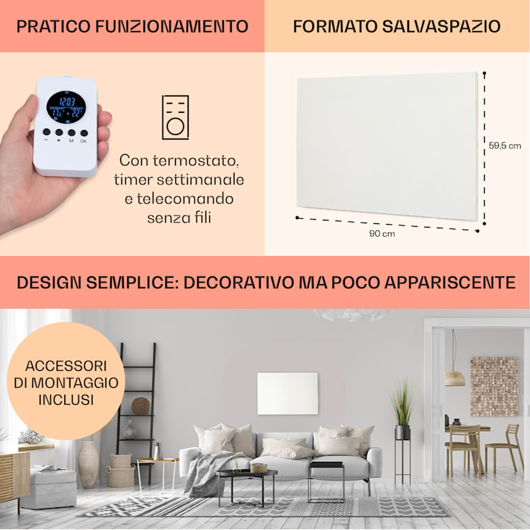 Klarstein Wonderwall Air Infinite, radiatore a infrarossi, 90x60cm, 580W, parete, FB bianco 90 x 60 cm / 580 watts