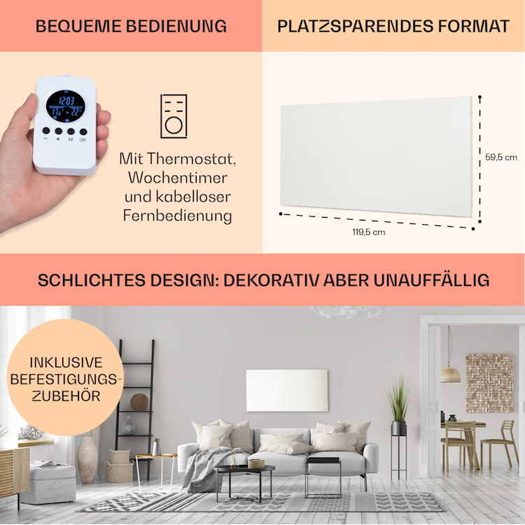 Klarstein Wonderwall Air Infinite, radiatore a infrarossi, 120x60cm, 720W, parete, FB, bianco 120 x 60 cm / 720 watts