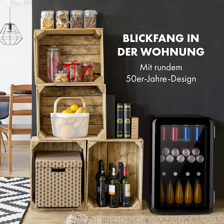 PopLife Getränkekühler Kühlschrank 70 Liter 0-10 °C Retro-Design LED Schwarz