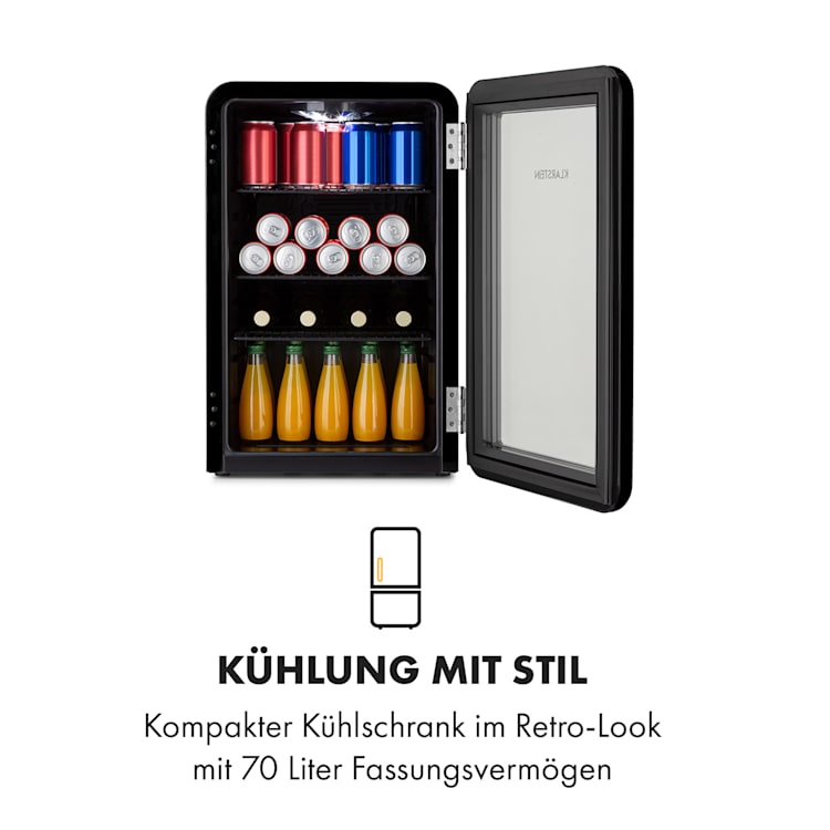 PopLife Getränkekühler Kühlschrank 70 Liter 0-10 °C Retro-Design LED Schwarz