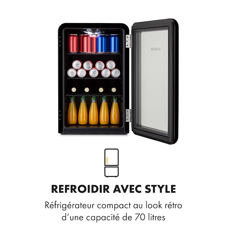 Réfrigérateur à boissons PopLife 70 litres 0-10°C design rétro LED Noir