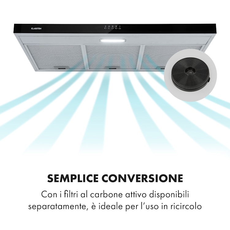 Contempo 90, cappa aspirante, 175m³/h, LED, acciaio inox, acrilico, nero