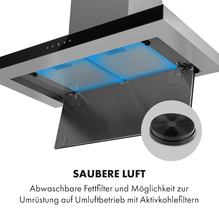 Ilona Brilliant Edition Wandabzugshaube 90cm 622m³/h Touch EEC B LED Glas Edelstahl 90 cm | Schwarz