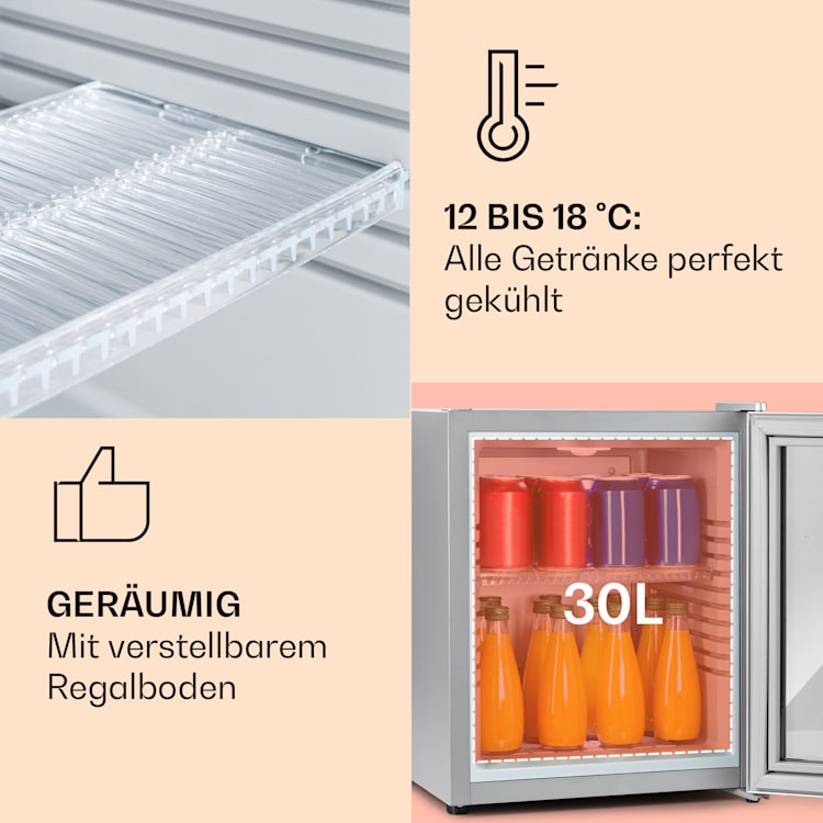 Brooklyn 32 Mini-Kühlschrank Glastür LED Ablage 32 Ltr | Silber