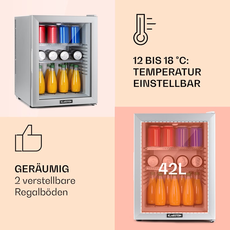 Brooklyn 42 Mini-Kühlschrank Glastür LED Ablage 42 Ltr | Silber