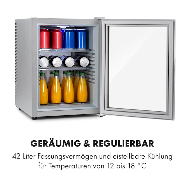 Brooklyn 42 Mini-Kühlschrank Glastür LED Ablage 42 Ltr | Silber