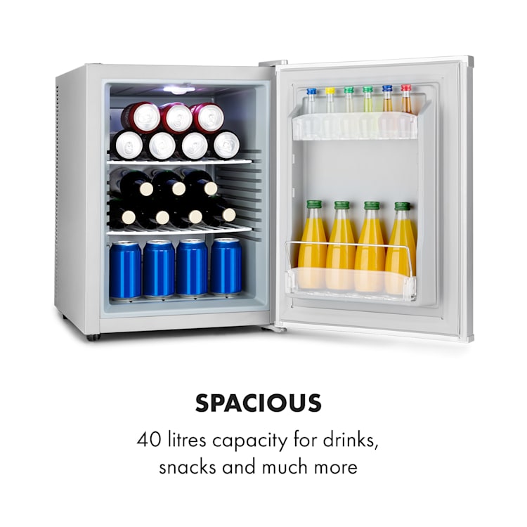 Happy Hour 40, mini lodówka, 40 l, 5-15°C, cicha 23 dB, oświetlenie LED 40 Ltr | Srebrny Metal