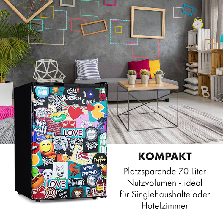 Cool Vibe 70+ Kühlschrank 72 Liter 2 Böden Stickerbomb-Style 70 Ltr