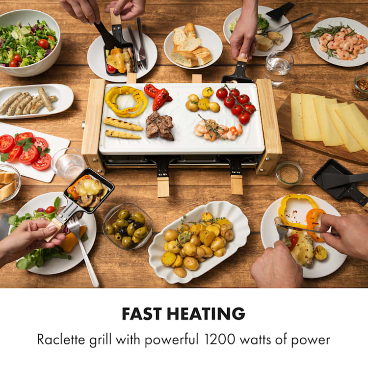 Chateaubriand Nuovo Raclette 1200W aluminium 8 personnes imitation bois plaque de gril (blanche) | 8 poêlons de raclette