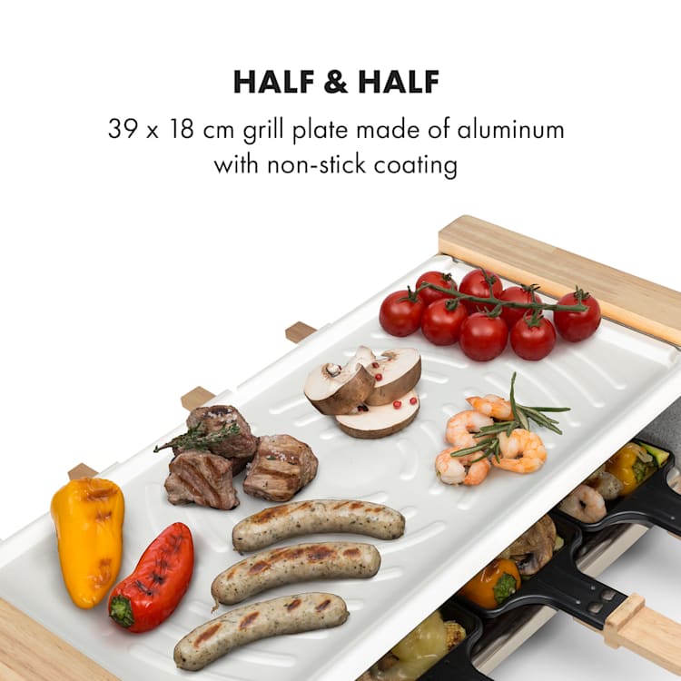 Chateaubriand Nuovo Raclette 1200W aluminium 8 personnes imitation bois plaque de gril (blanche) | 8 poêlons de raclette