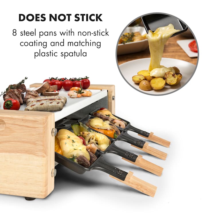 Chateaubriand Nuovo Raclette 1200W aluminium 8 personnes imitation bois plaque de gril (blanche) | 8 poêlons de raclette