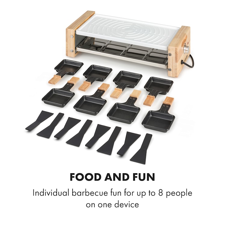 Chateaubriand Nuovo Raclette 1200W aluminium 8 personnes imitation bois plaque de gril (blanche) | 8 poêlons de raclette