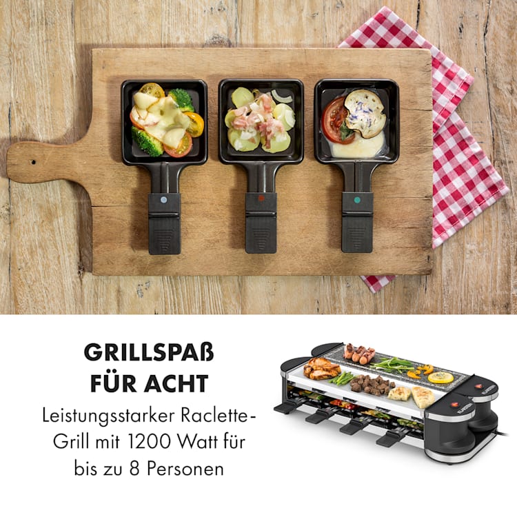 Tenderloin 50/50 Raclette-Grill 1200W 8 Personen Natursteinplatte Metallgrillplatte Naturstein / Grillplatte (weiß) | 8 Raclette Pfännchen