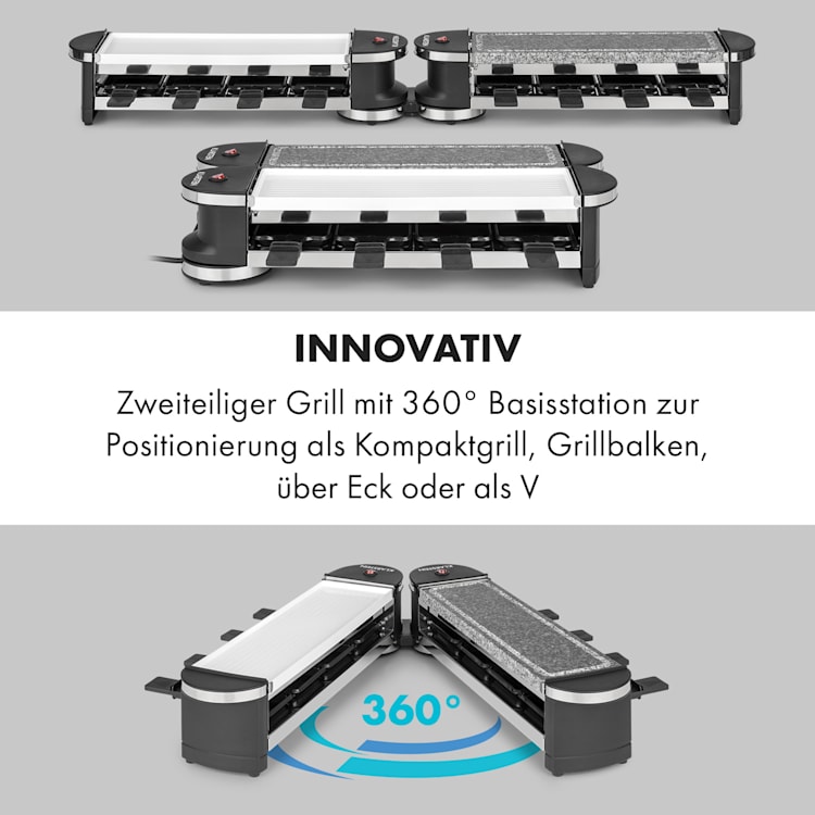 Tenderloin 50/50 Raclette-Grill 1200W 8 Personen Natursteinplatte Metallgrillplatte Naturstein / Grillplatte (weiß) | 8 Raclette Pfännchen