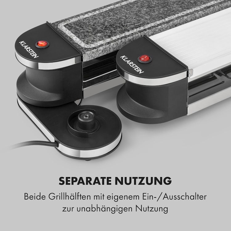 Tenderloin 50/50 Raclette-Grill 1200W 8 Personen Natursteinplatte Metallgrillplatte Naturstein / Grillplatte (weiß) | 8 Raclette Pfännchen