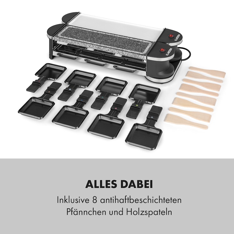 Tenderloin 50/50 Raclette-Grill 1200W 8 Personen Natursteinplatte Metallgrillplatte Naturstein / Grillplatte (weiß) | 8 Raclette Pfännchen