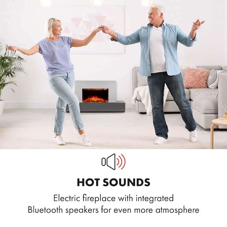 Heat 'n Beat, elektrický krb, 900/1800 W, LED, bluetooth reproduktor, sivý Šedá