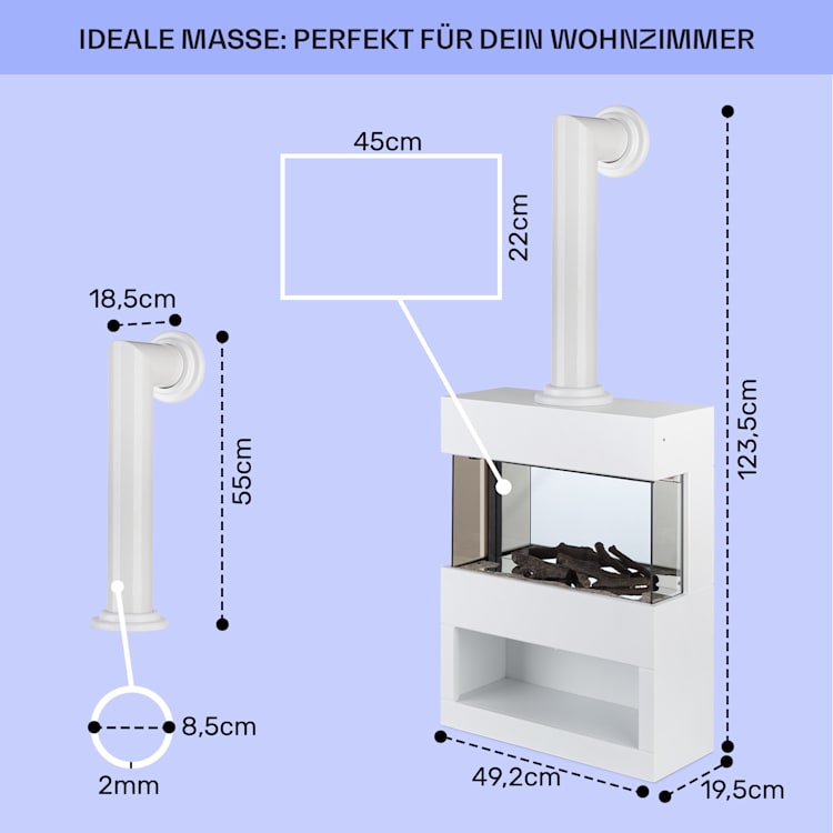 Zermatt Elektrischer Kamin 900/1800W Thermostat Flammenillusion Weiß