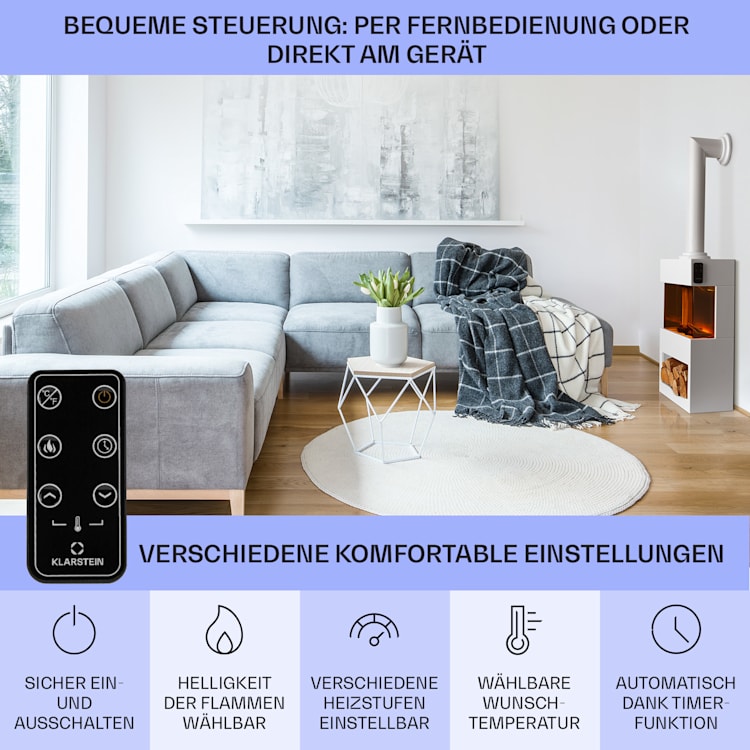 Zermatt Elektrischer Kamin 900/1800W Thermostat Flammenillusion Weiß