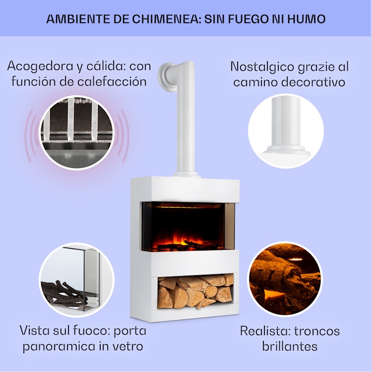 Klarstein Zermatt Chimenea eléctrica 900/1800 W Termostato Ilusión de llamas Tubo de la estufa Blanco