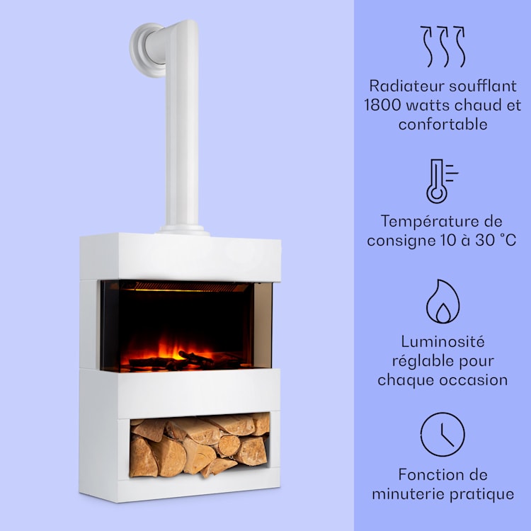 Klarstein Zermatt Cheminée électrique 900/1800W Thermostat Illusion de flamme Tube de fumée Blanc