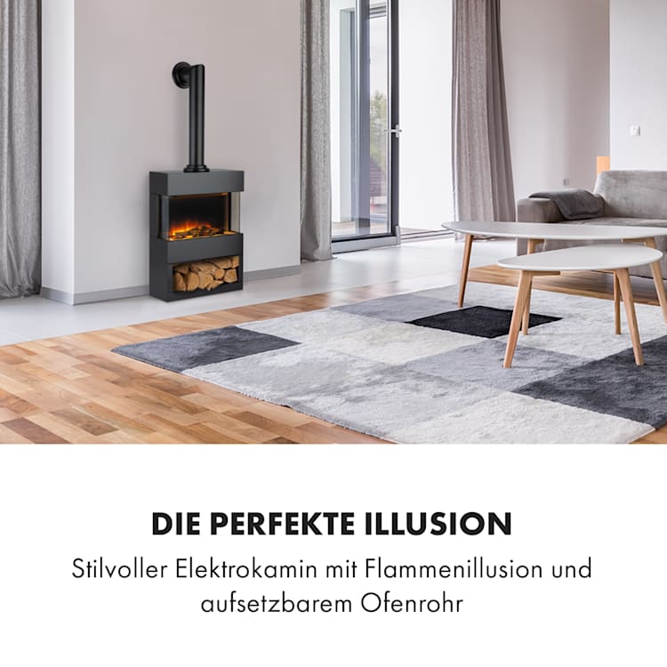 Klarstein Zermatt Elektrischer Kamin 900/1800W Thermostat Flammenillusion Ofenrohr Schwarz