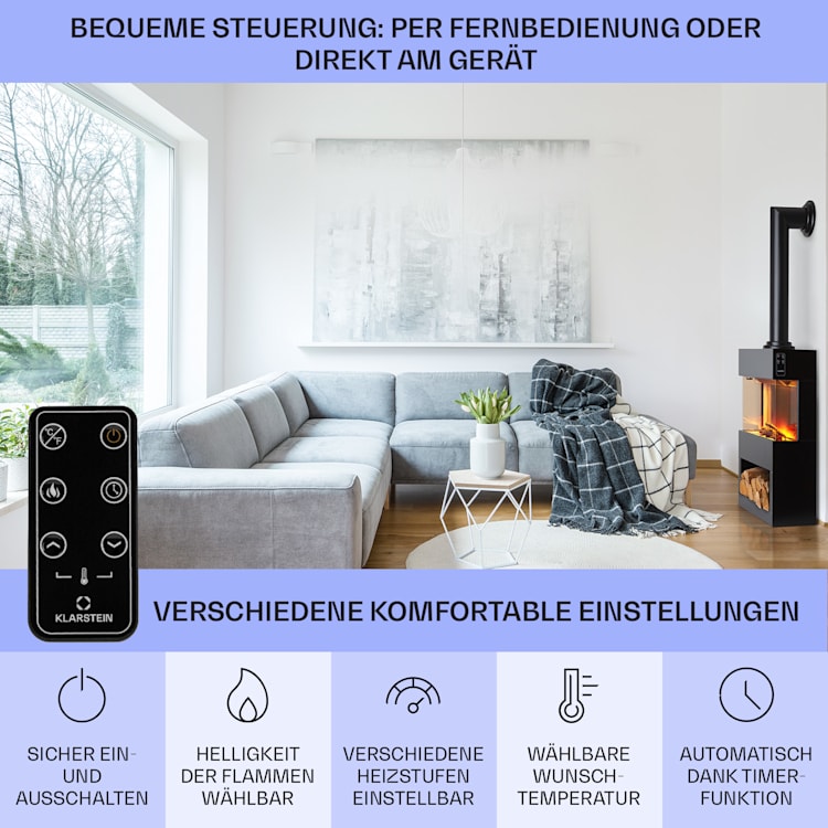 Zermatt Elektrischer Kamin 900/1800W Thermostat Flammenillusion Schwarz