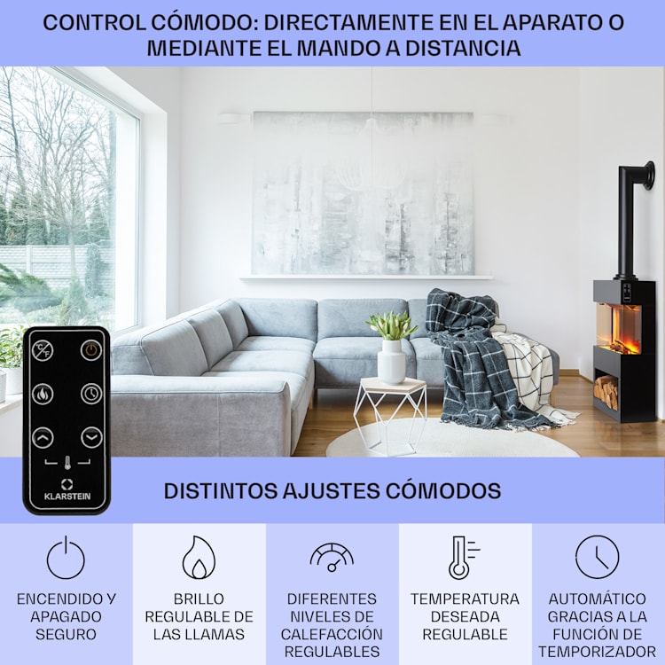 Klarstein Zermatt Chimenea eléctrica 900/1800 W Termostato Ilusión de llamas Tubo de la estufa Negro