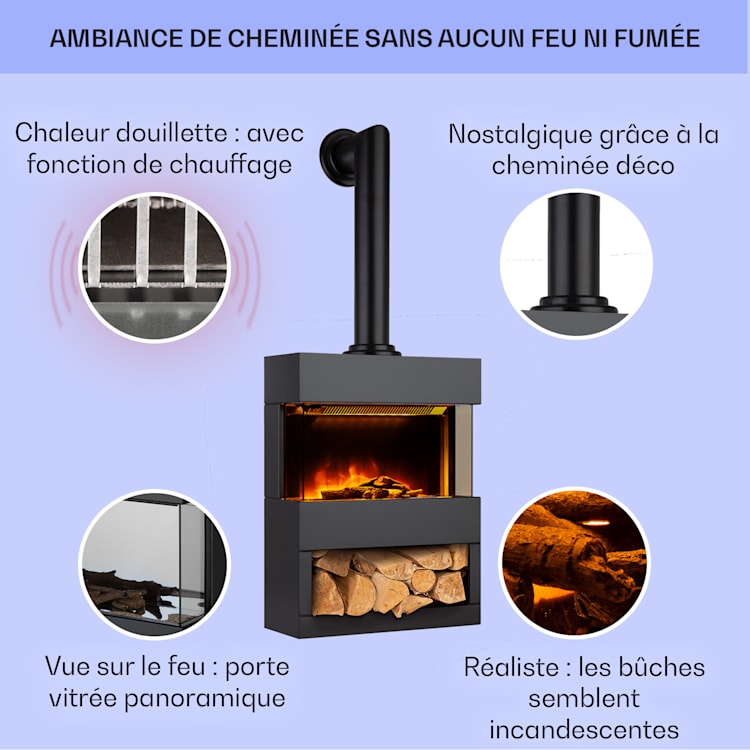 Klarstein Zermatt Cheminée électrique 900/1800W Thermostat Illusion de flamme Tube de fumée Noir