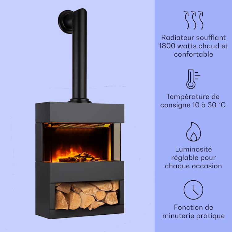 Klarstein Zermatt Cheminée électrique 900/1800W Thermostat Illusion de flamme Tube de fumée Noir