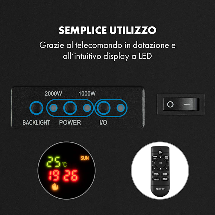 Camino elettrico Basel Illumine | Luce al LED per la fiamma | 2000 Watt | 2 livelli di riscaldamento | dimmerabile