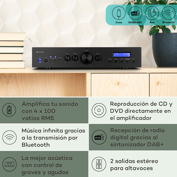 AMP-CD608 Amplificador estéreo DAB HiFi 4x100W RMS DAB+ BT Opt.-In Mando a distancia Negro