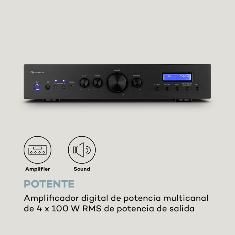 AMP-CD608 Amplificador estéreo DAB HiFi 4x100W RMS DAB+ BT Opt.-In Mando a distancia Negro