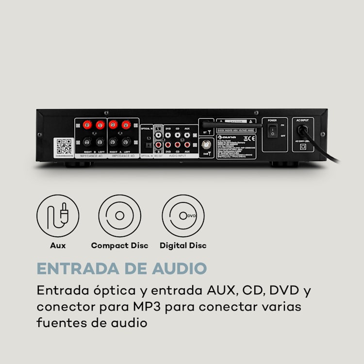 AMP-CD608 Amplificador estéreo DAB HiFi 4x100W RMS DAB+ BT Opt.-In Mando a distancia Negro