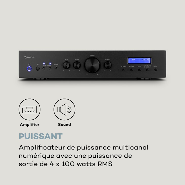 AMP-CD608 DAB amplificateur HiFi stéréo 4x100W RMS DAB+ BT entrée Optique télécommande Noir