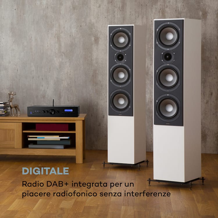 AMP-CD608 DAB, amplificatore stereo HiFi, 4x100W, RMS, DAB+, BT, ingresso ottico, telecomando Nero