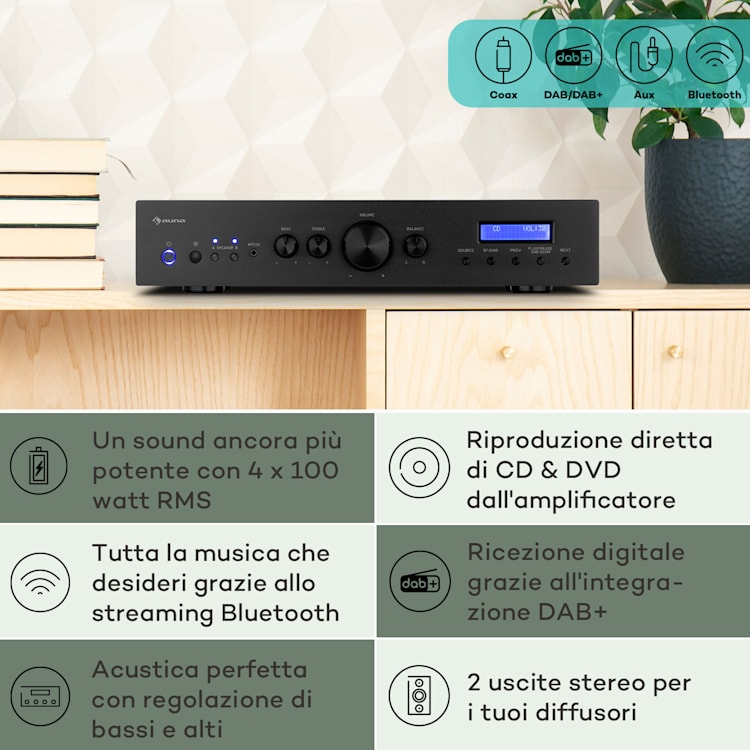 AMP-CD608 DAB, amplificatore stereo HiFi, 4x100W, RMS, DAB+, BT, ingresso ottico, telecomando Nero