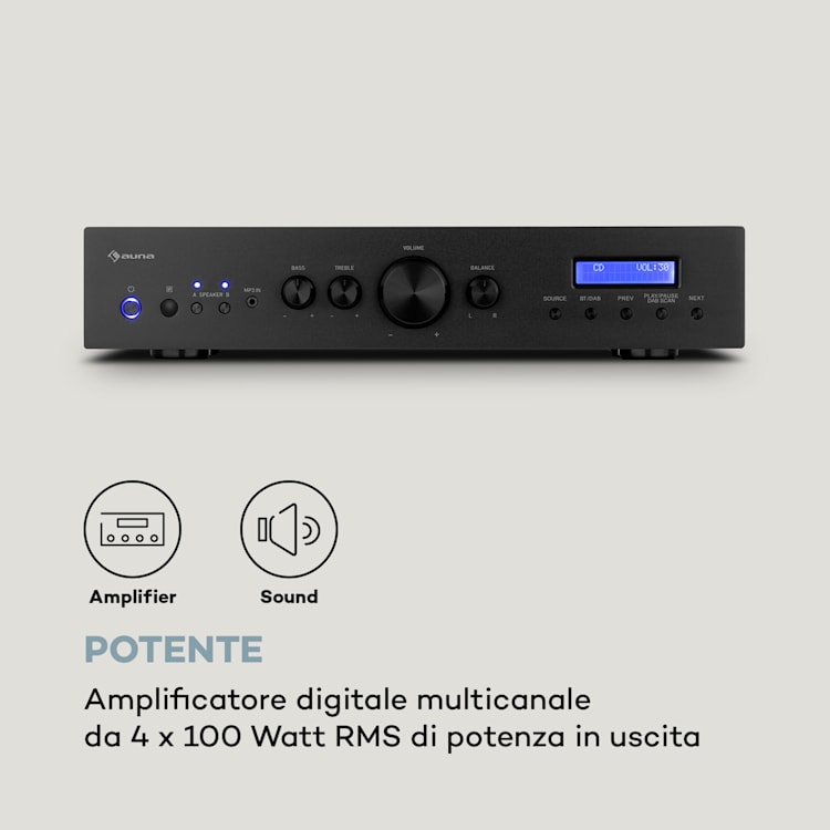 AMP-CD608 DAB, amplificatore stereo HiFi, 4x100W, RMS, DAB+, BT, ingresso ottico, telecomando Nero