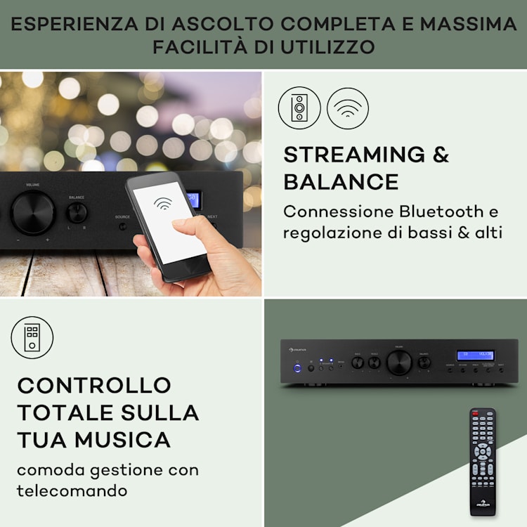 AMP-CD608 DAB, amplificatore stereo HiFi, 4x100W, RMS, DAB+, BT, ingresso ottico, telecomando Nero