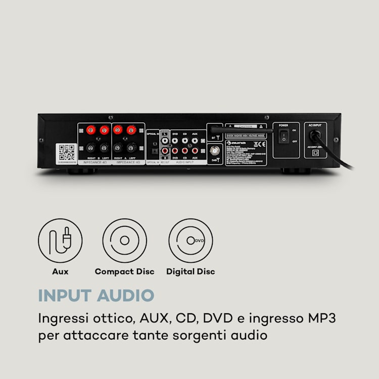 AMP-CD608 DAB, amplificatore stereo HiFi, 4x100W, RMS, DAB+, BT, ingresso ottico, telecomando Nero