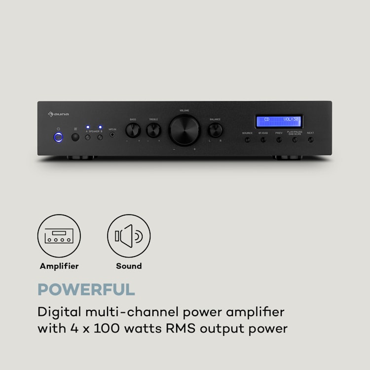 AMP-CD608 DAB Amplificador Hi-Fi Stereo 4x100W RMS DAB+BT Opt-In Comando de Controlo Remoto Preto