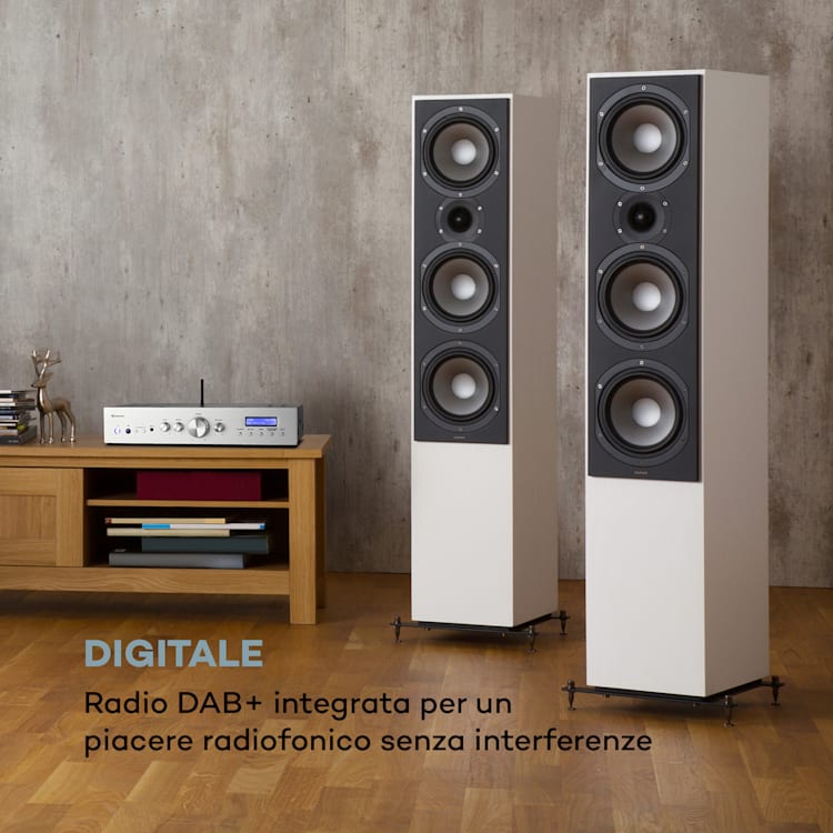 AMP-CD608 DAB, amplificatore stereo HiFi, 4x100W, RMS, DAB+, BT, ingresso ottico, telecomando Argento